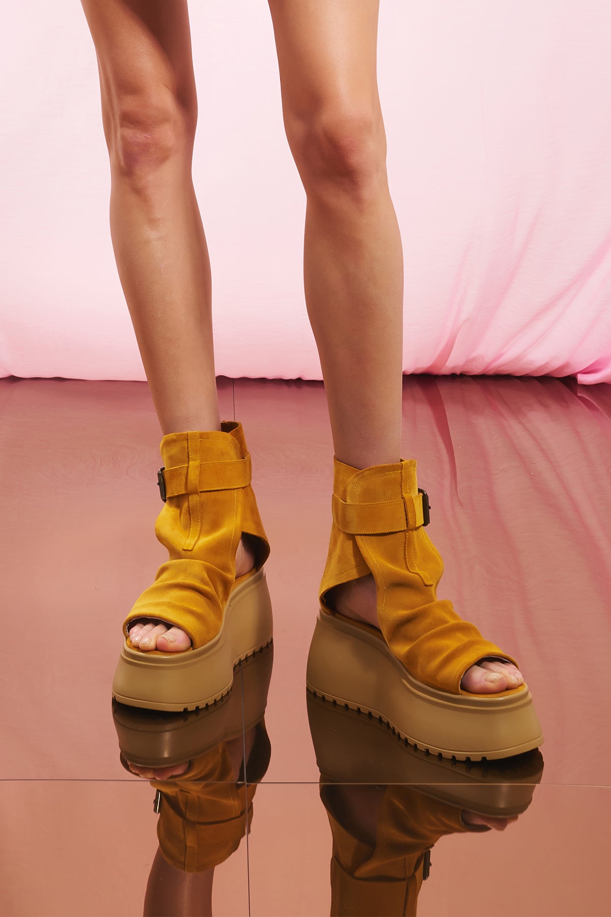Mustard Buckled Platform Suede Sandals Cross