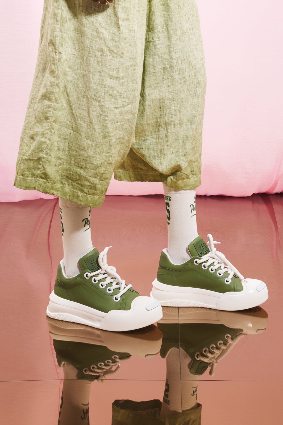 Olive Green Leather Sneakers Ging1