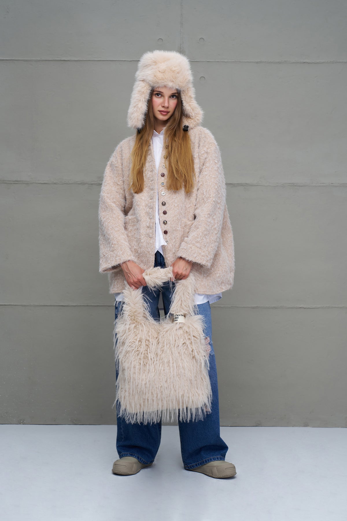 Beige Faux Fur Earmuff Hat Pan