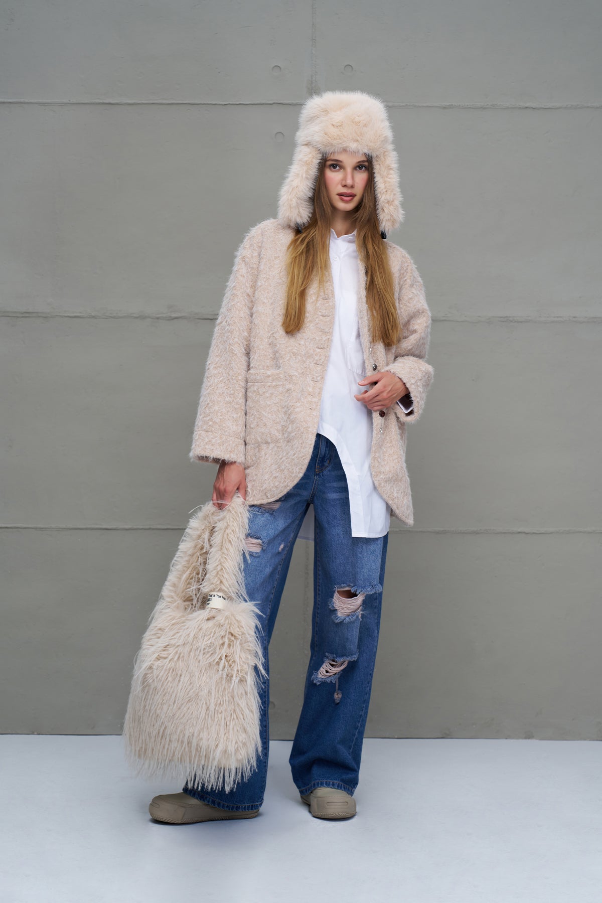 Beige Feathered Faux Fur Bag Pastel
