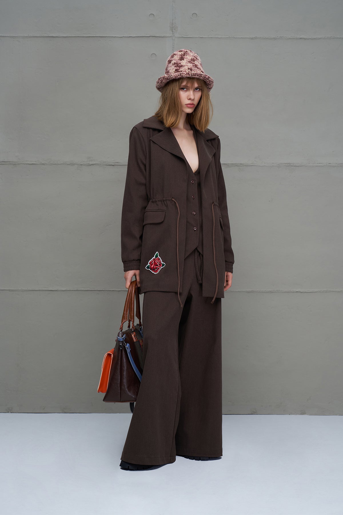 Beige Brown Knitted Bucket Hat Polin