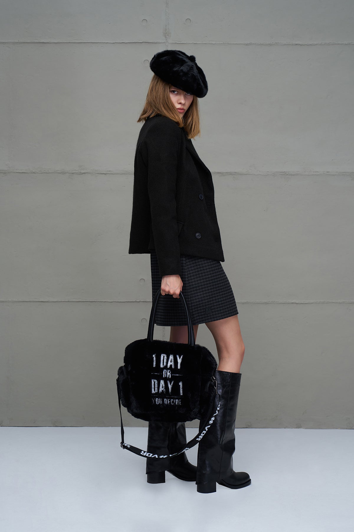 Black Faux Fur Shoulder Tote Bag Porto20