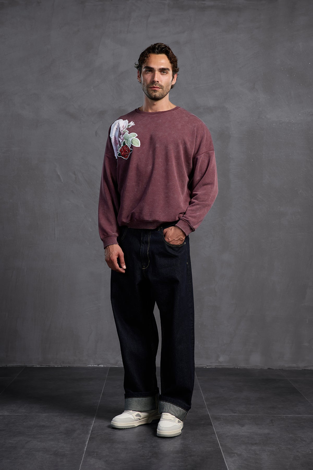 Burgundy Printed Crew Neck Sweatshirt 10001