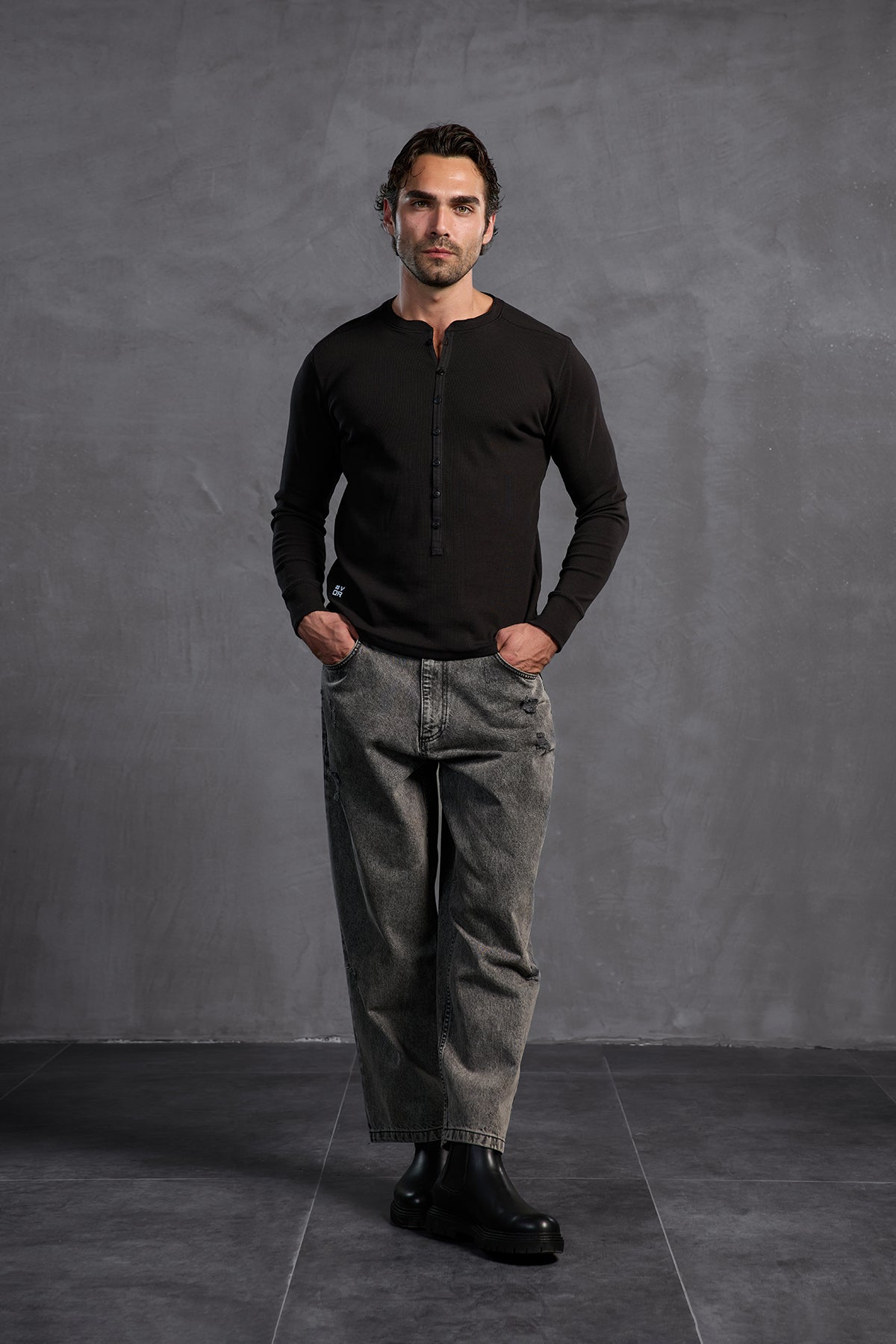 Black Ribbed Front Buttoned T-shirt 10025