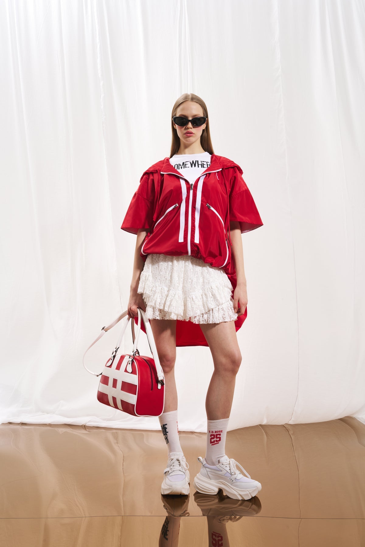Red White Leather Midi Tote Bag Via1