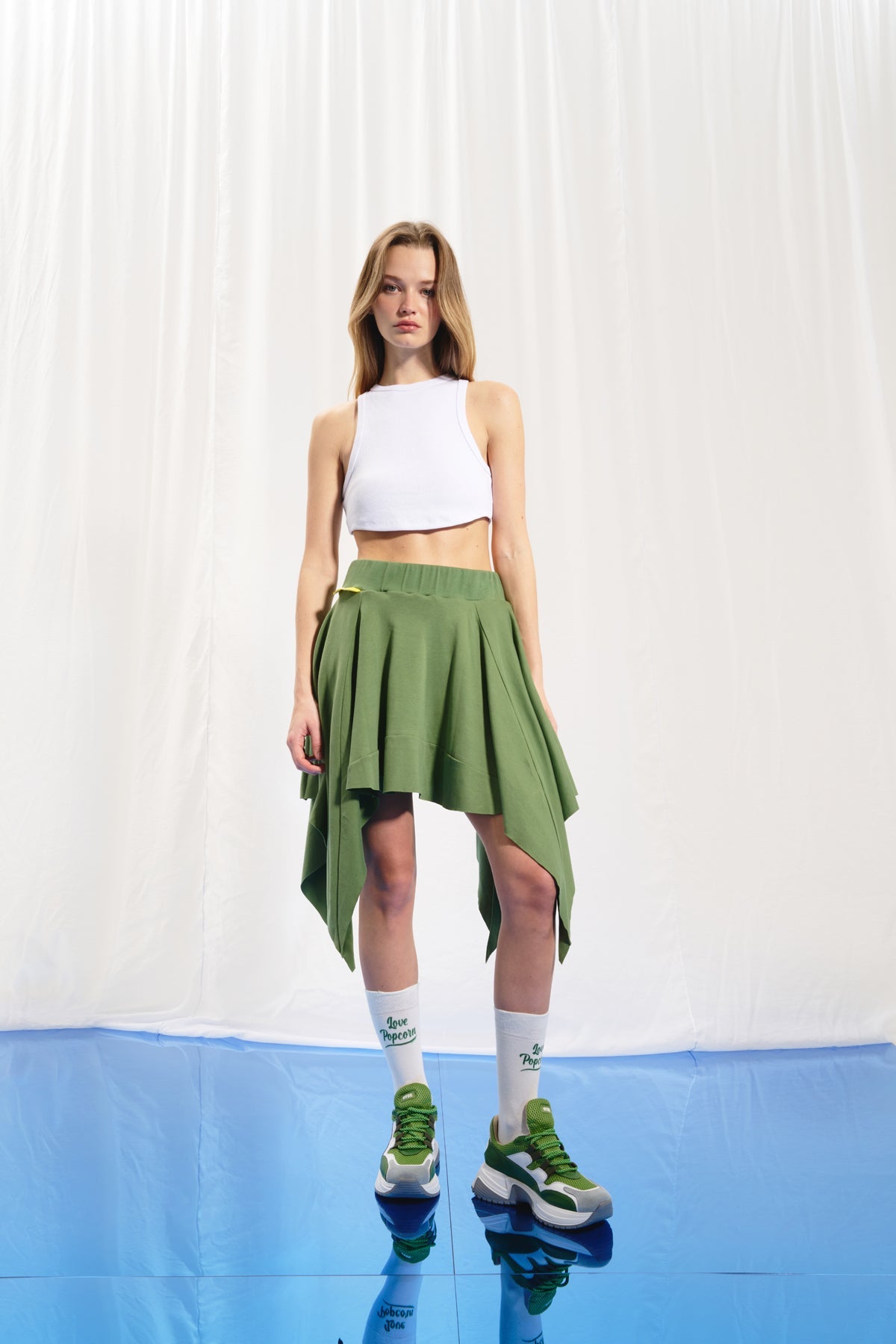 Olive Green Asymmetrik Mini Skirt 17008