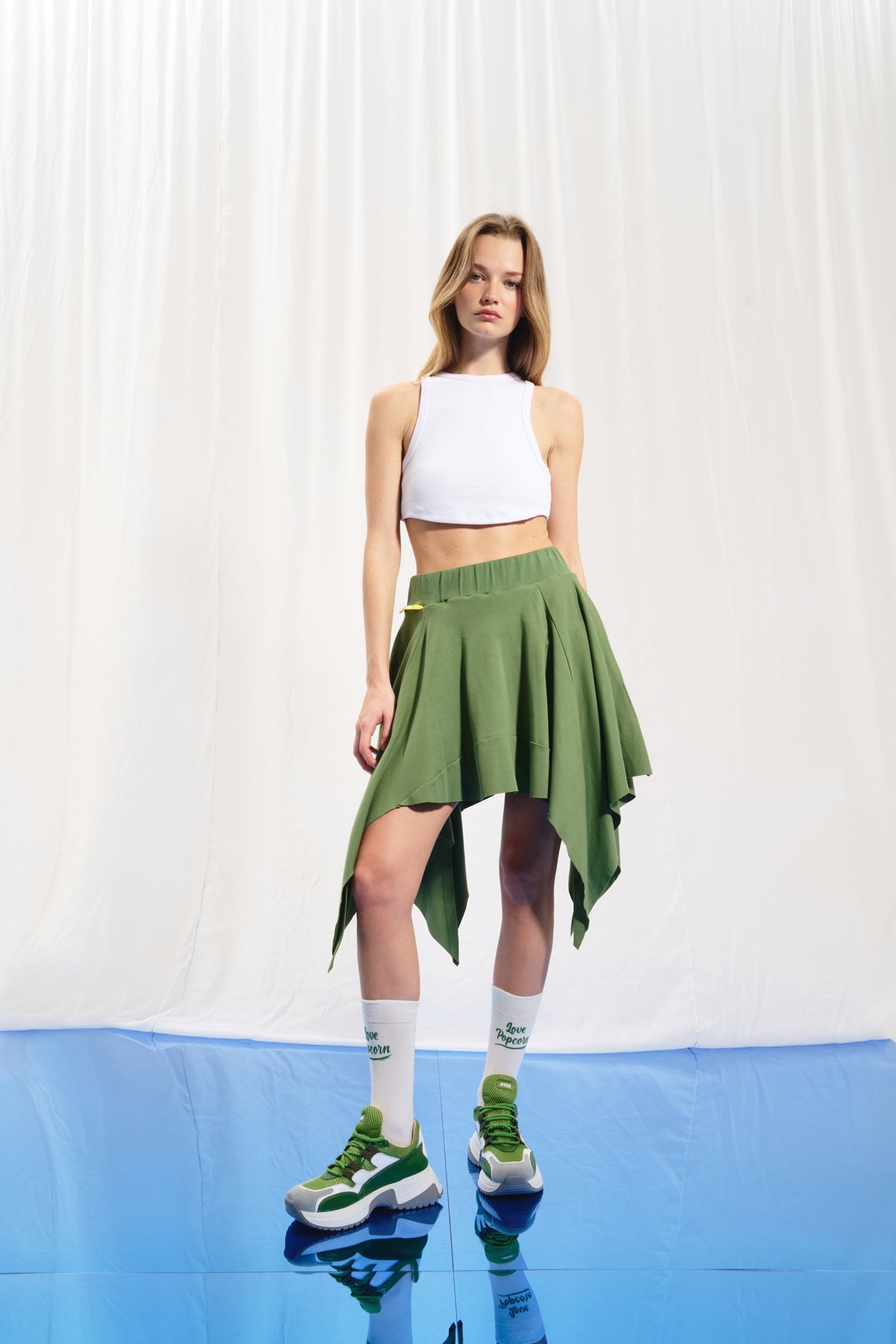 Olive Green Asymmetrik Mini Skirt 17008