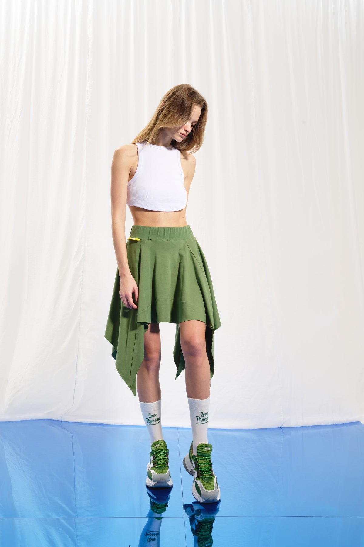 Olive Green Asymmetrik Mini Skirt 17008