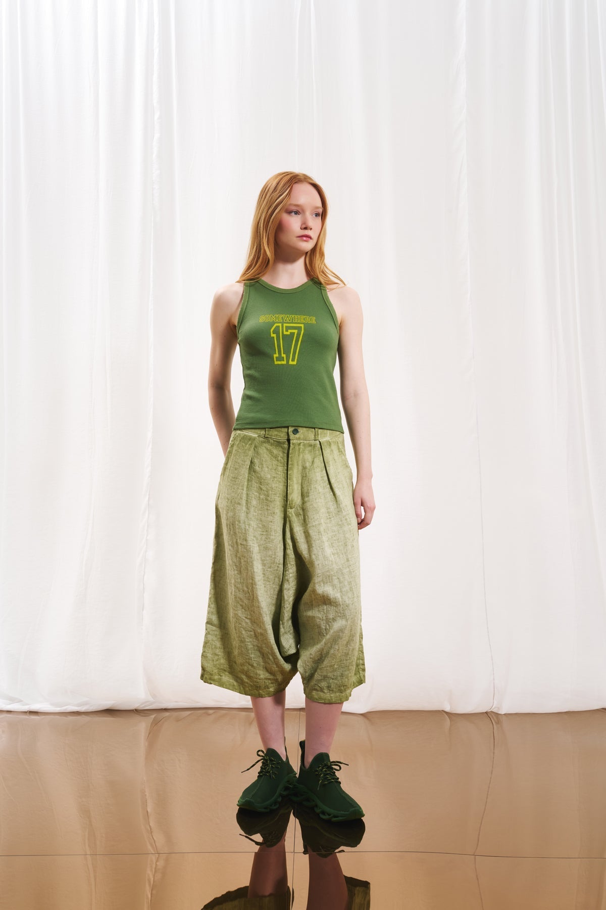 Olive Green Slogan Print Ribbed Tank Top 17016