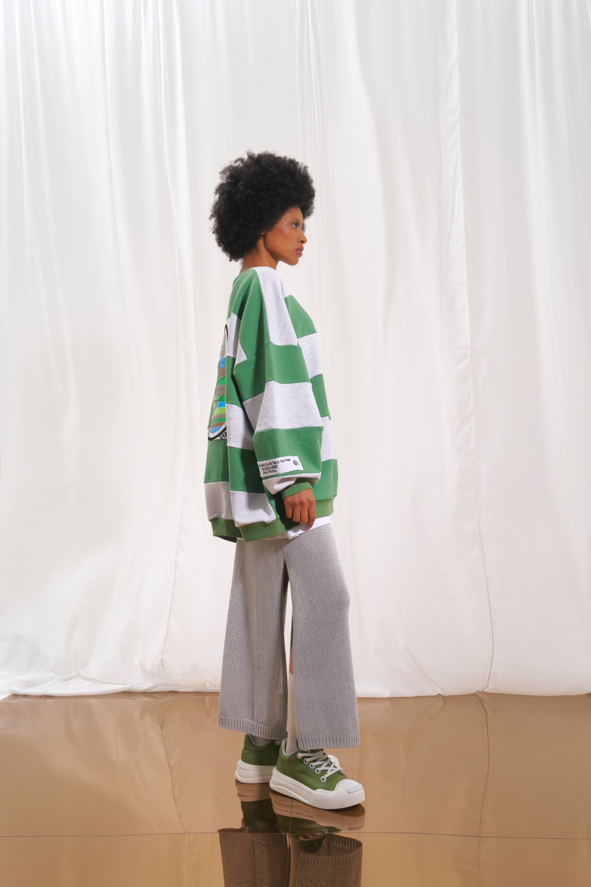 Olive Grey Striped Embroidered Sweatshirt 17047