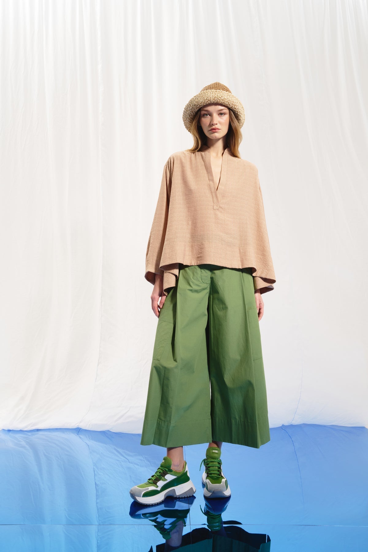 Olive Green Wide-leg Pleated Trousers 17098