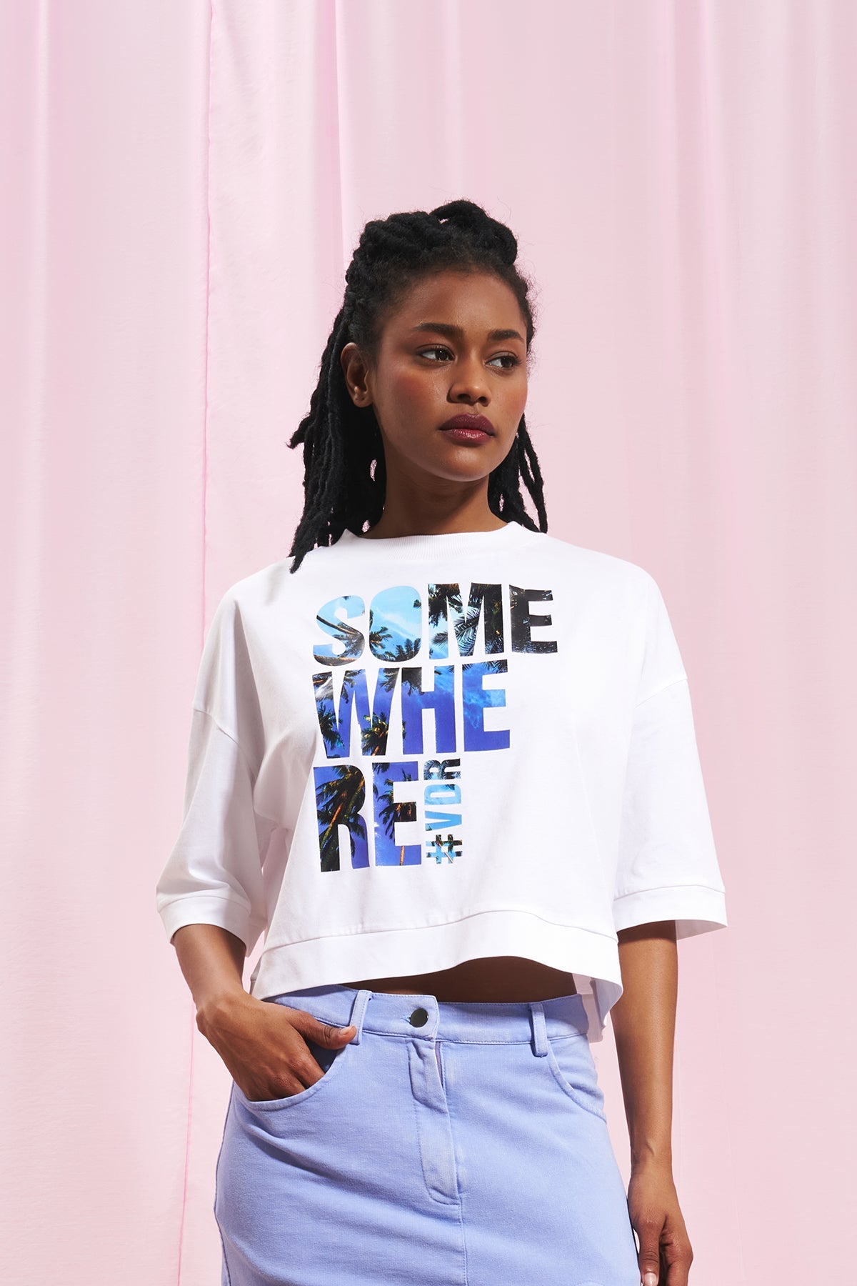 White Printed Crop T-shirt 17155