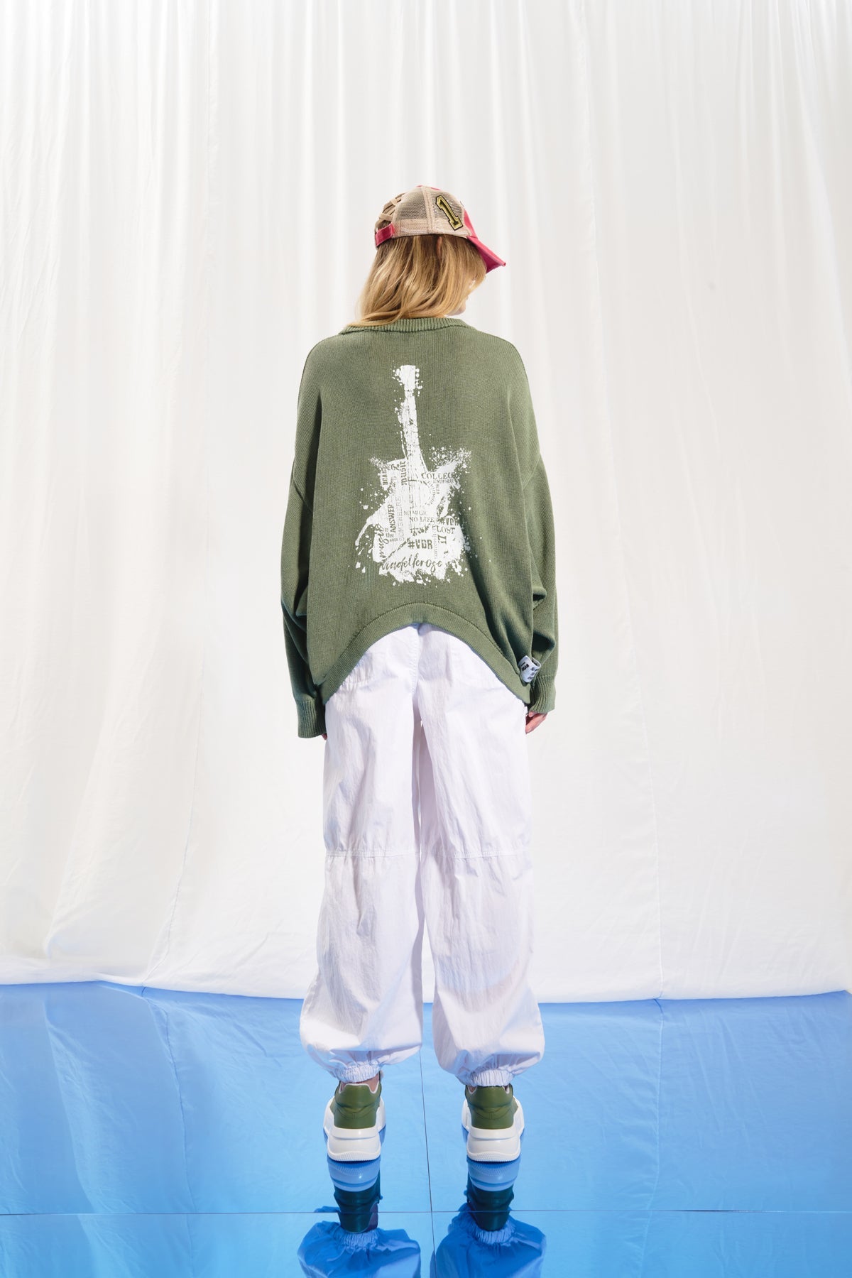 Olive Green Slogan Print Knit Sweater 17180