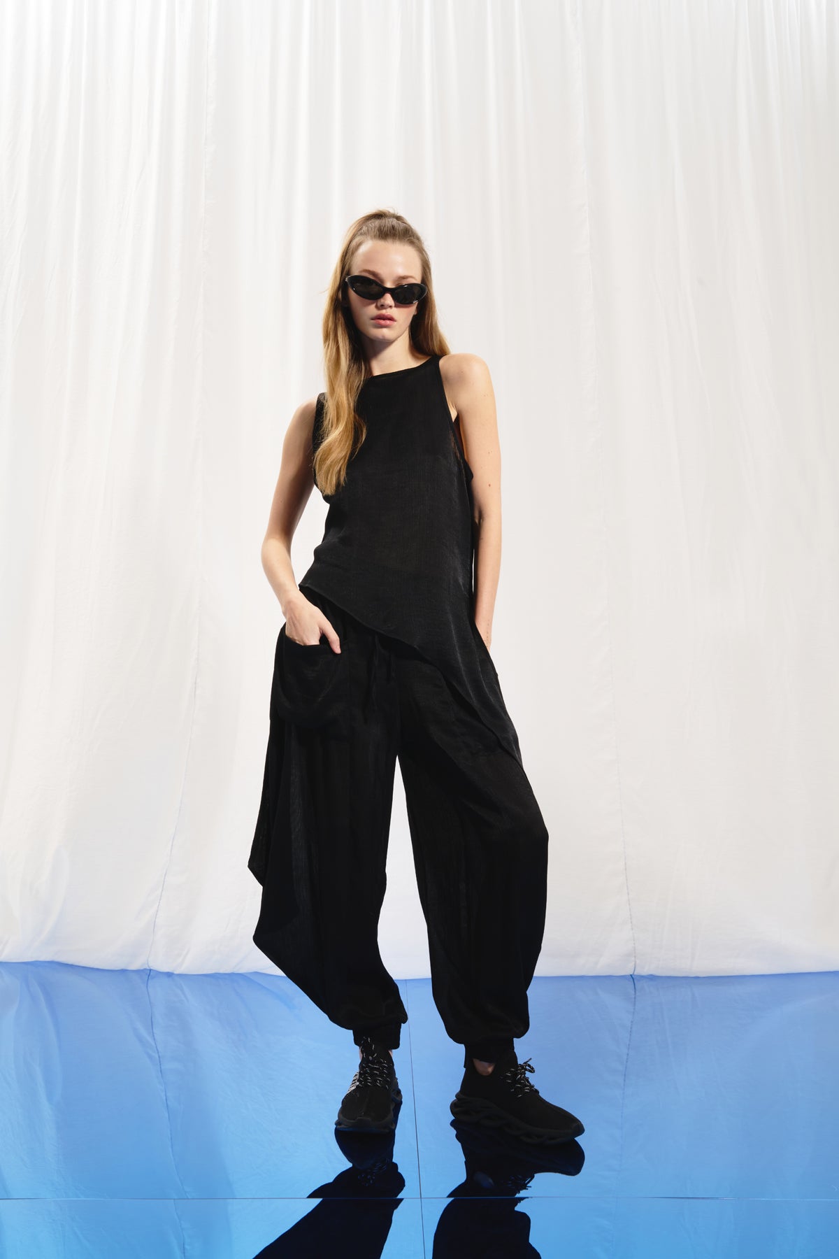 Black Asymmetric Satin Blouse 17260