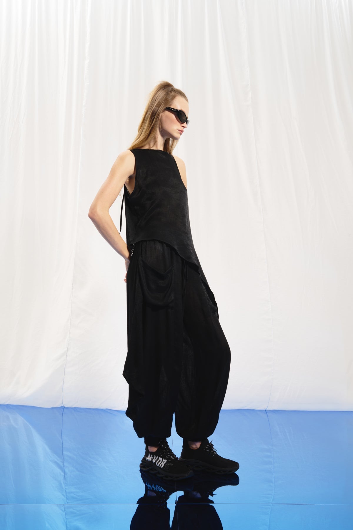 Black Asymmetric Satin Blouse 17260