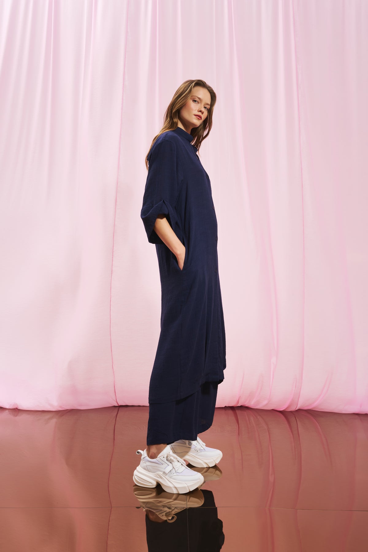 Navy Blue Linen Shirt Dress 17267