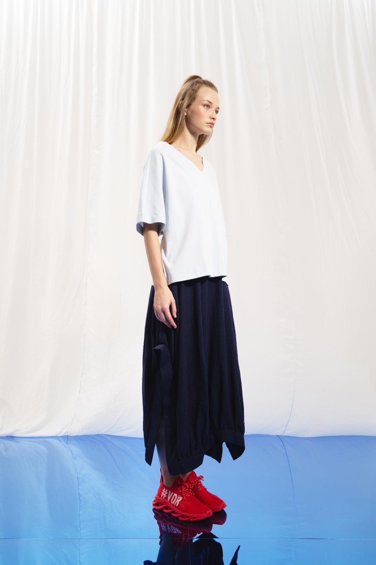 Navy Blue Linen Midi Skirt 17269