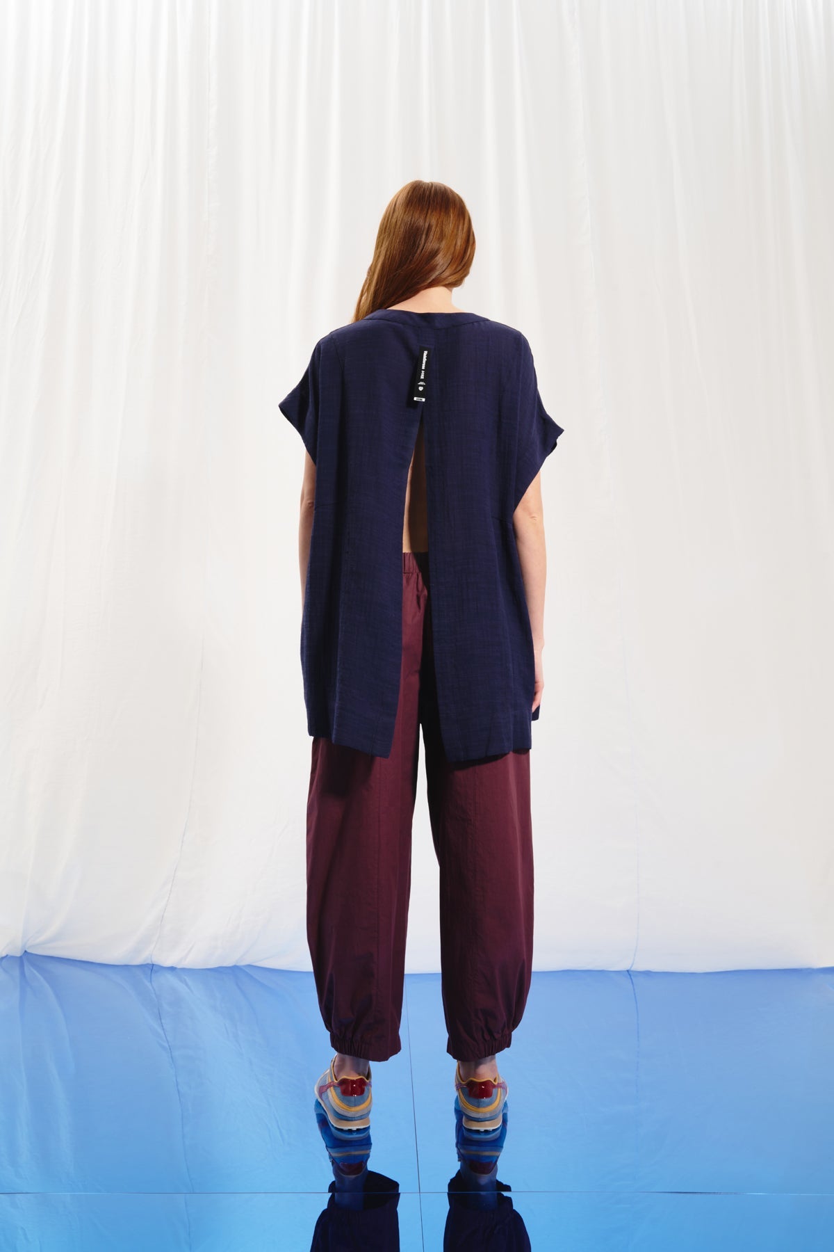 Navy Blue Cut-out Linen Blouse 17270