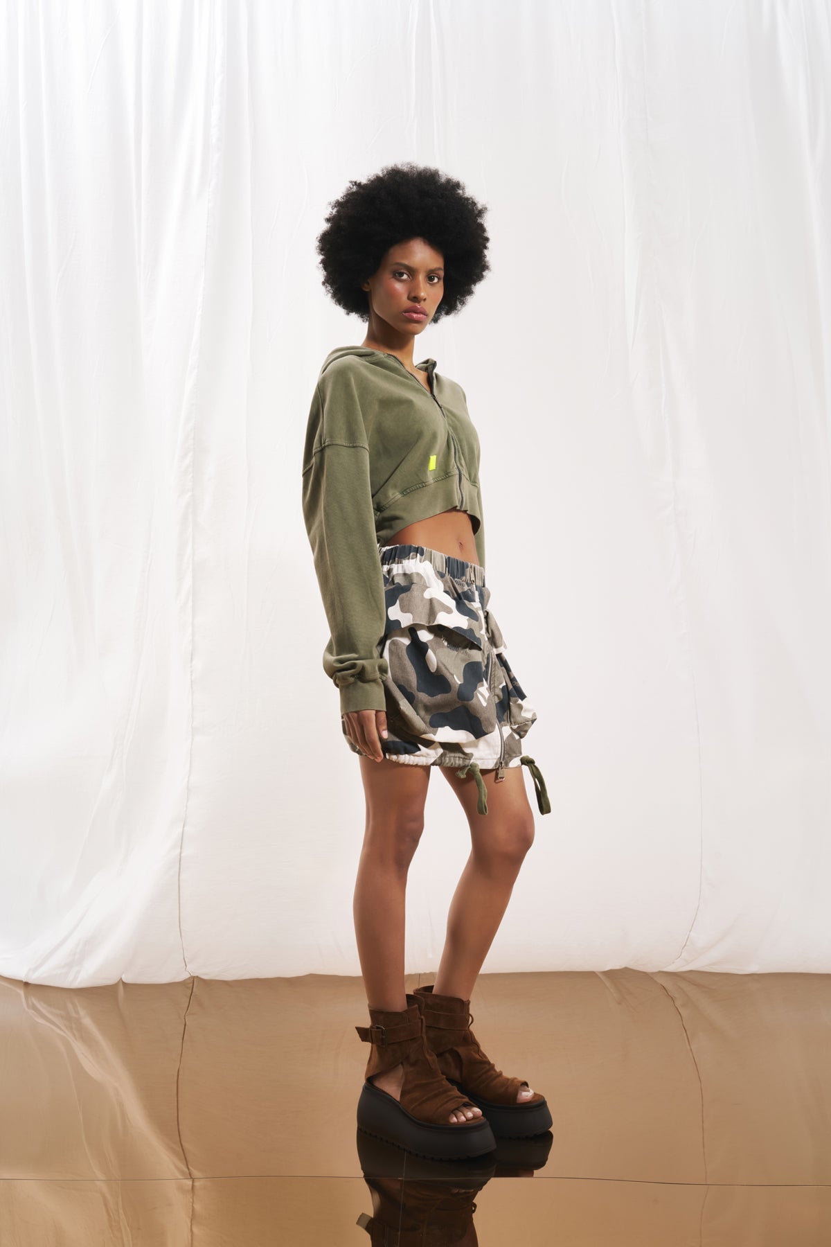 Olive Green Zip-up Crop Sweatshirt 17322