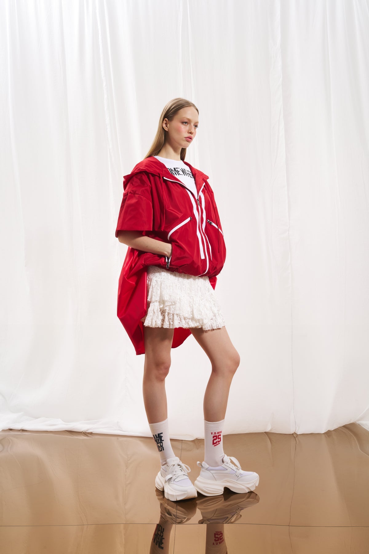 Red Asymmetric Short Sleeve Trench Coat 17326