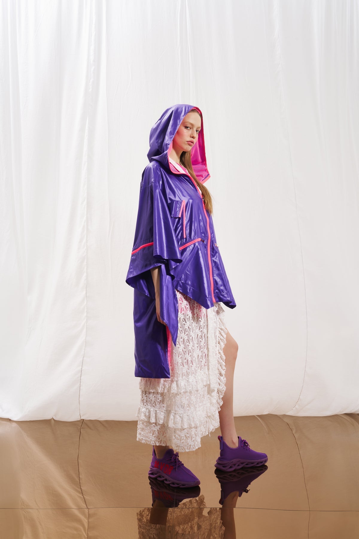 Purple Asymmetric Short Sleeve Trench Coat 17327