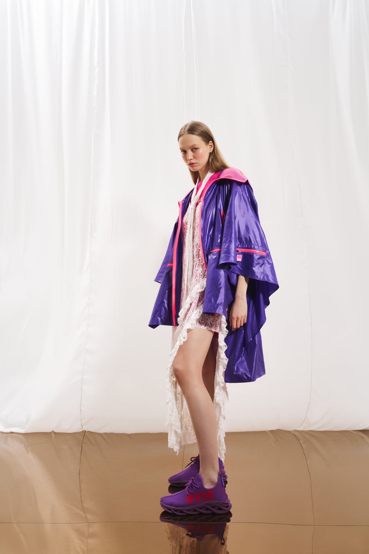 Purple Asymmetric Short Sleeve Trench Coat 17327