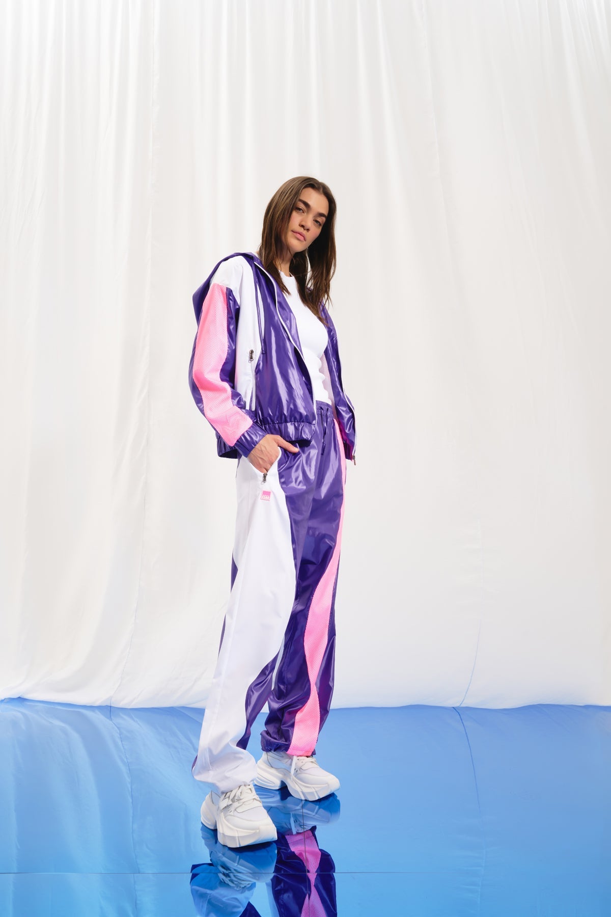 Purple White Contrast Colored Trousers 17329