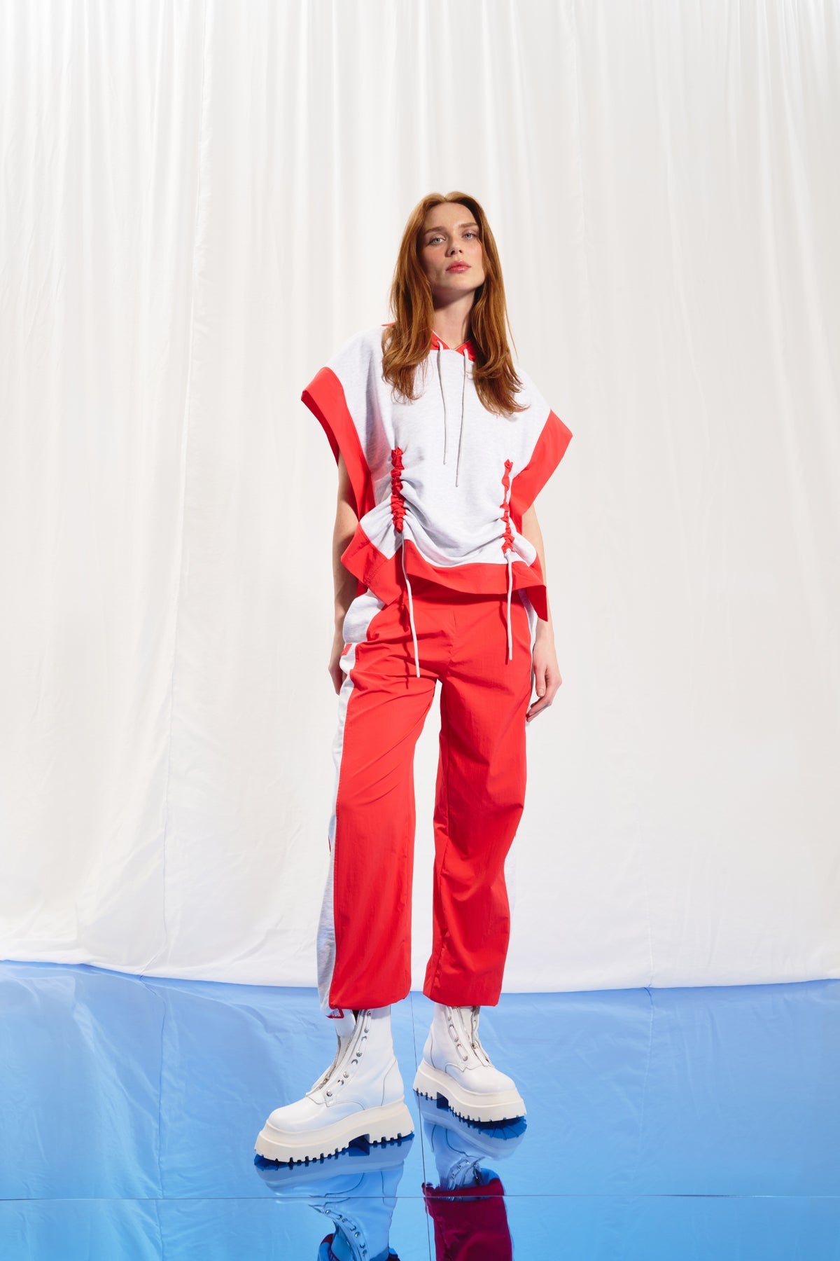 Light Grey Melange Coral Hooded Short Sleeve Sweatshirt 17359