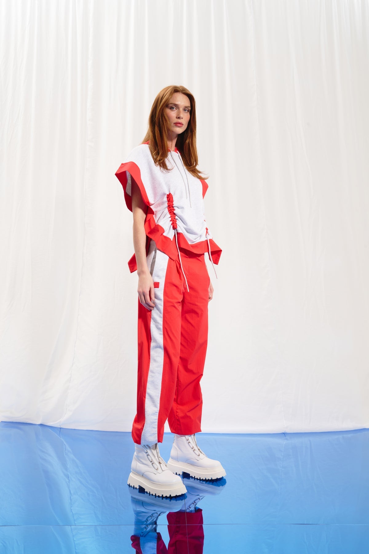 Light Grey Melange Coral Hooded Short Sleeve Sweatshirt 17359