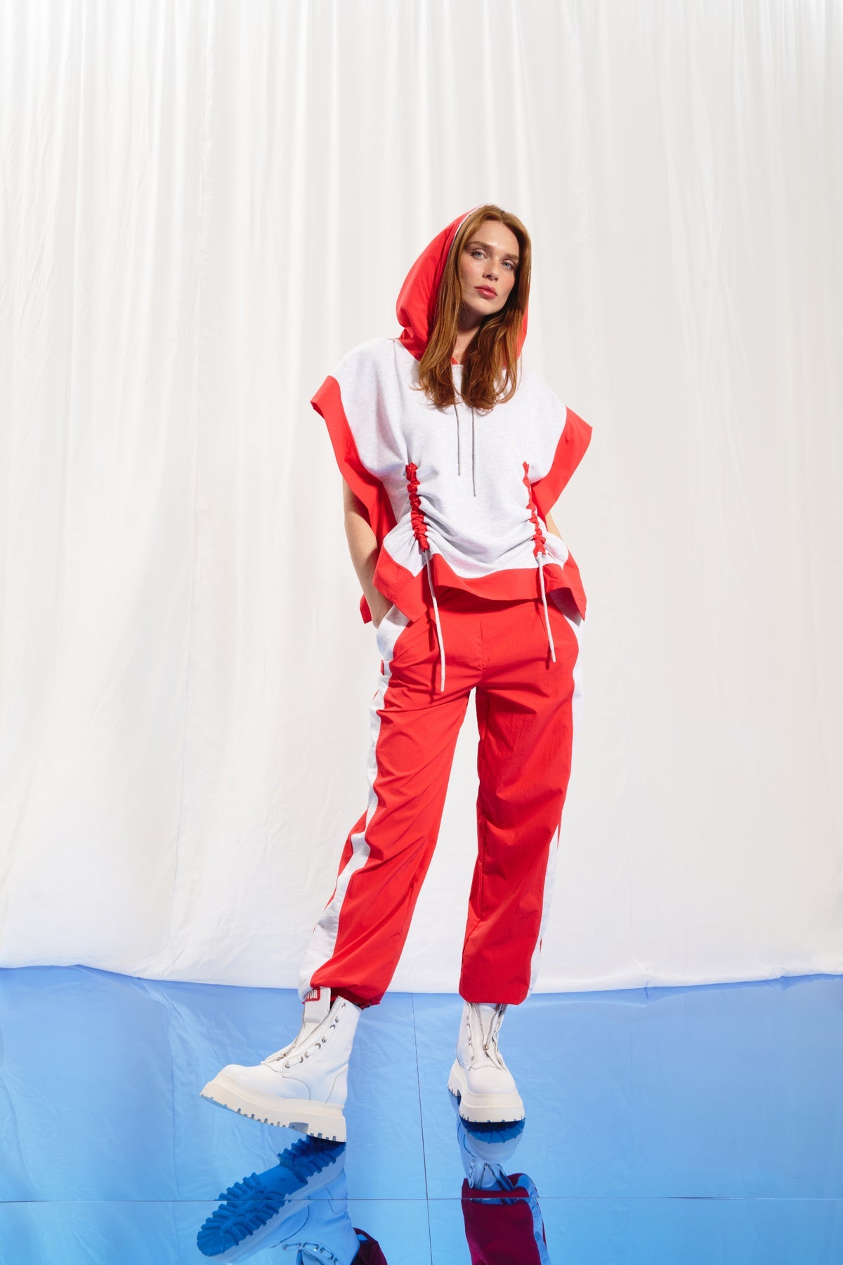 Light Grey Melange Coral Hooded Short Sleeve Sweatshirt 17359