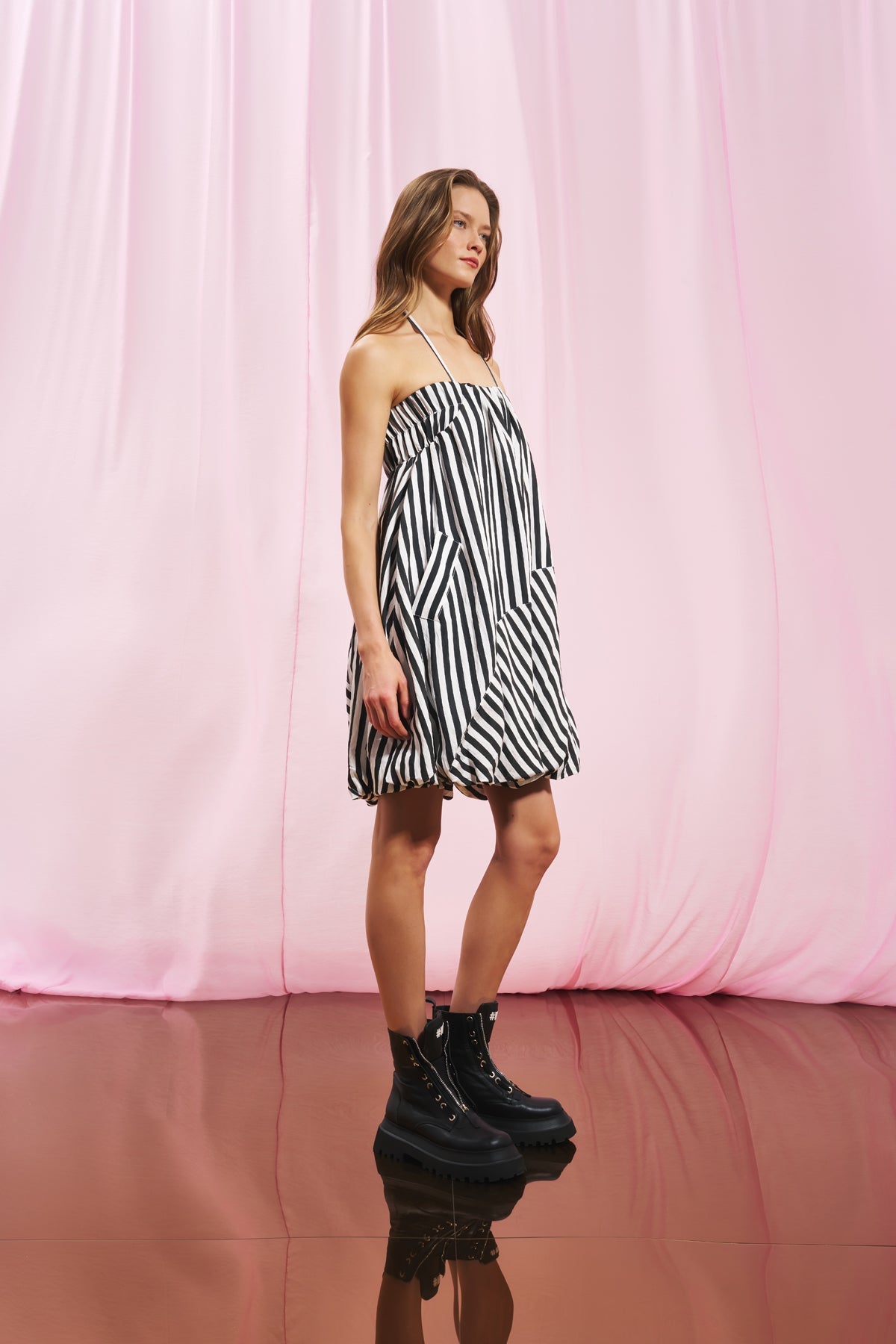 Black White Contrast Striped Balloon Dress 17375