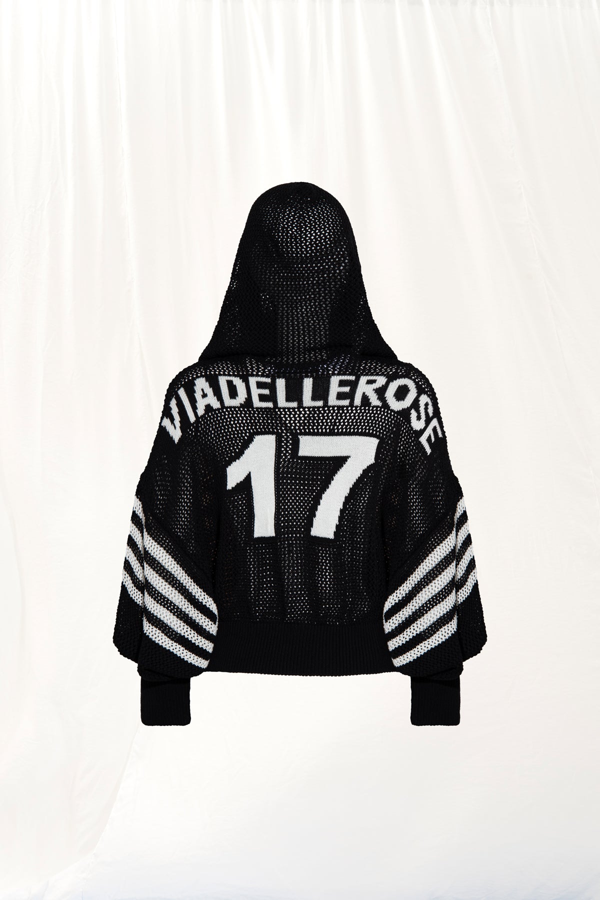 Black Off White Zip-up Hooded Mesh Knit Sweater 17382