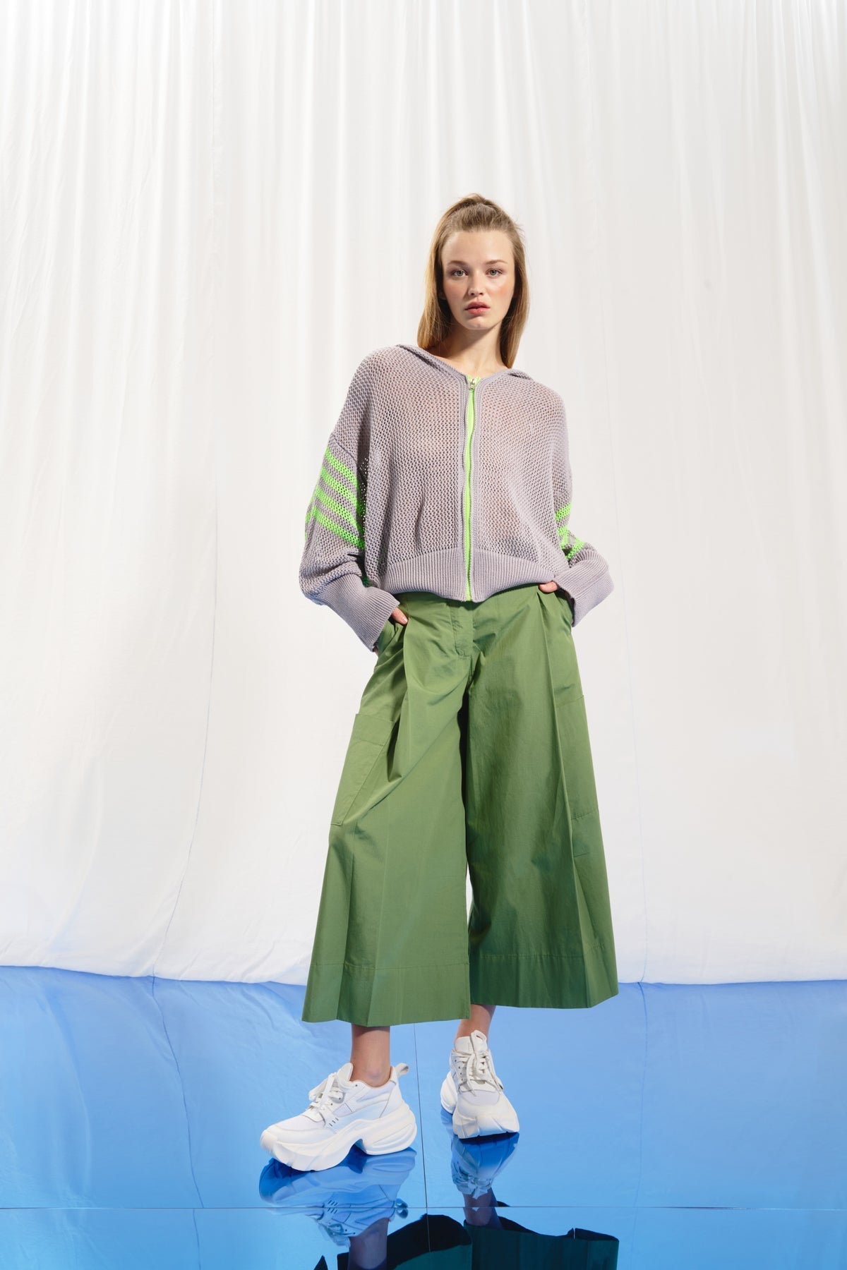 Grey Green Zip-up Hooded Mesh Knit Sweater 17382