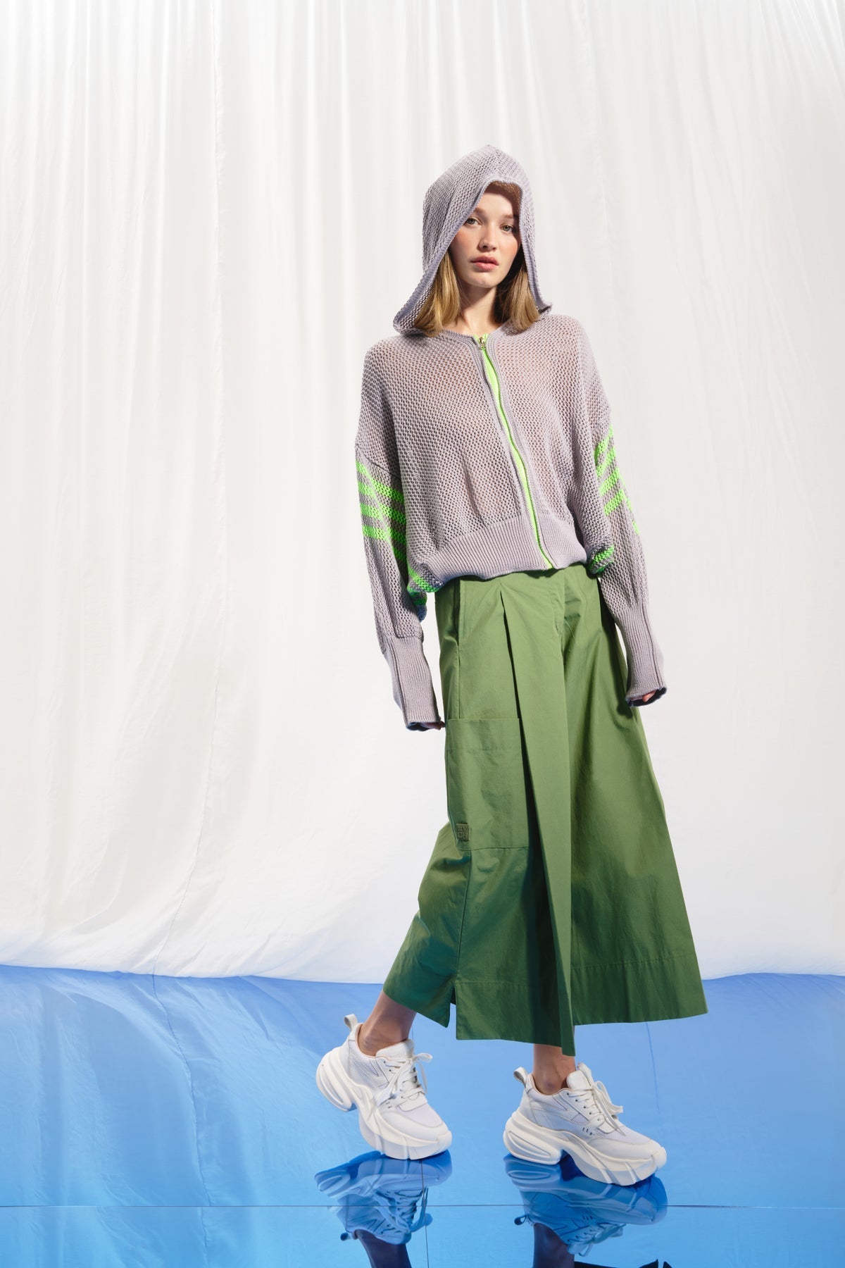 Grey Green Zip-up Hooded Mesh Knit Sweater 17382