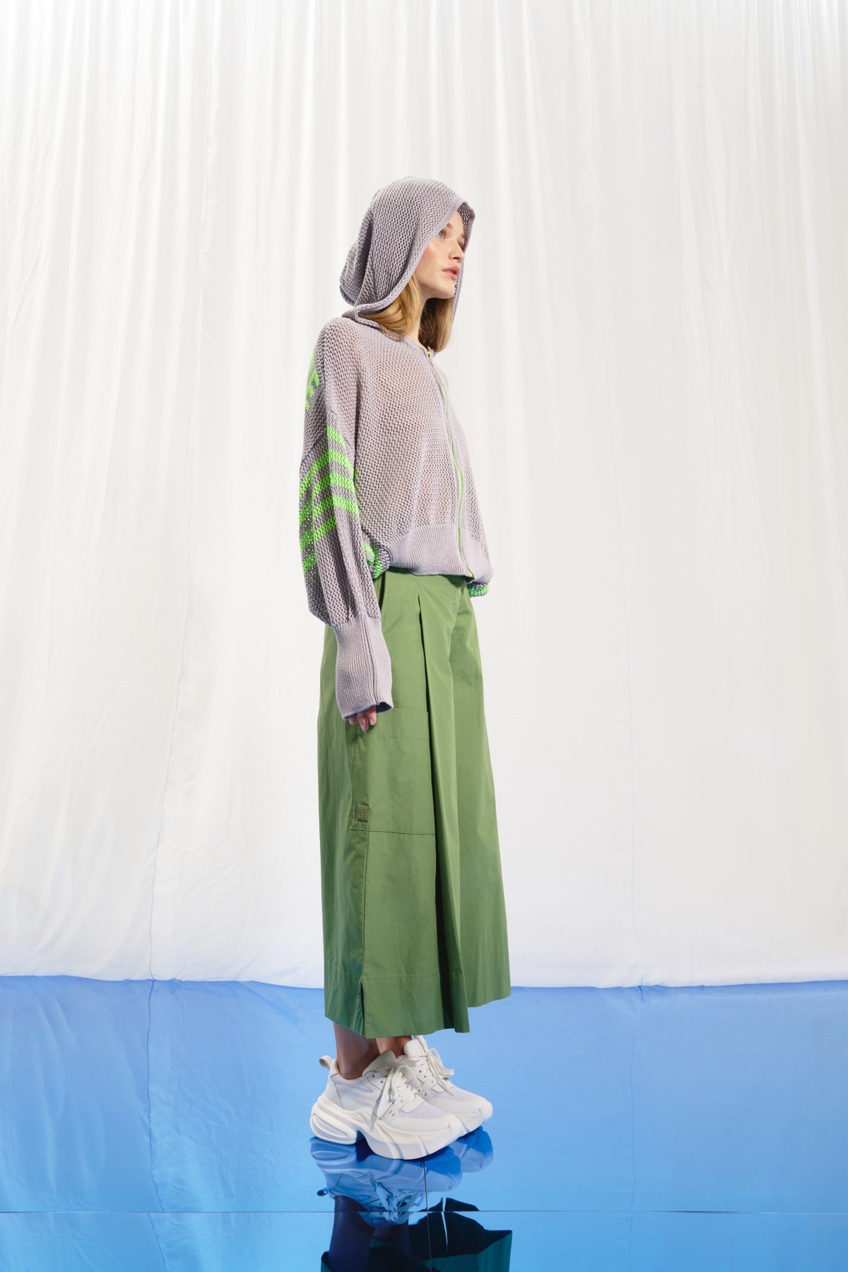 Grey Green Zip-up Hooded Mesh Knit Sweater 17382