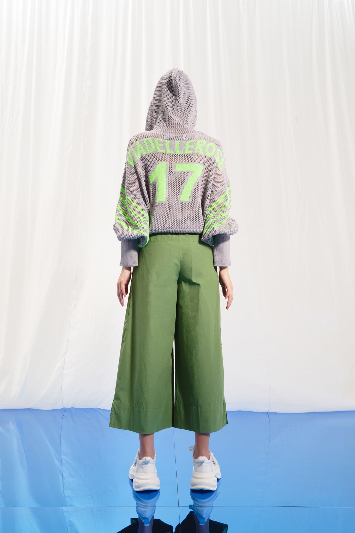 Grey Green Zip-up Hooded Mesh Knit Sweater 17382