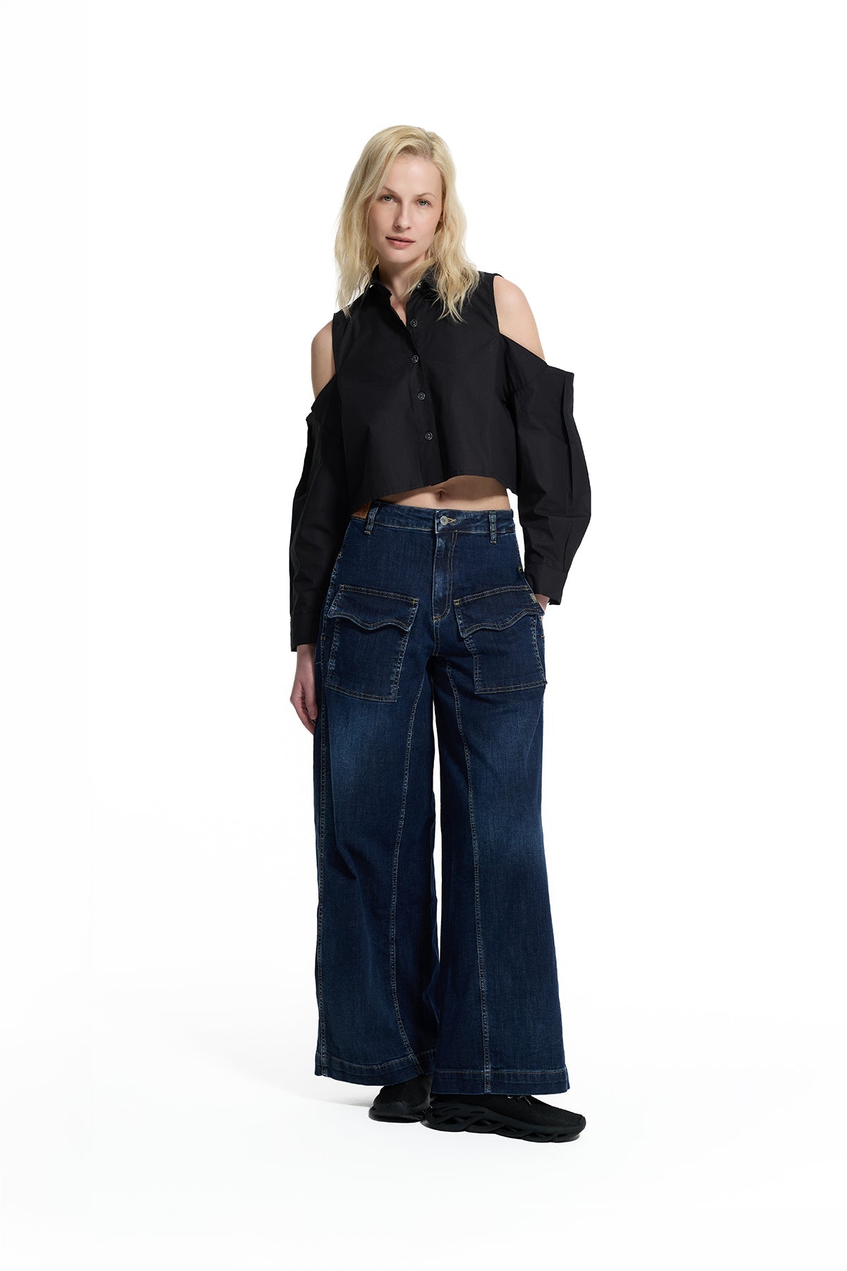 Blue Pocket Detail Flared Denim Trousers 19005