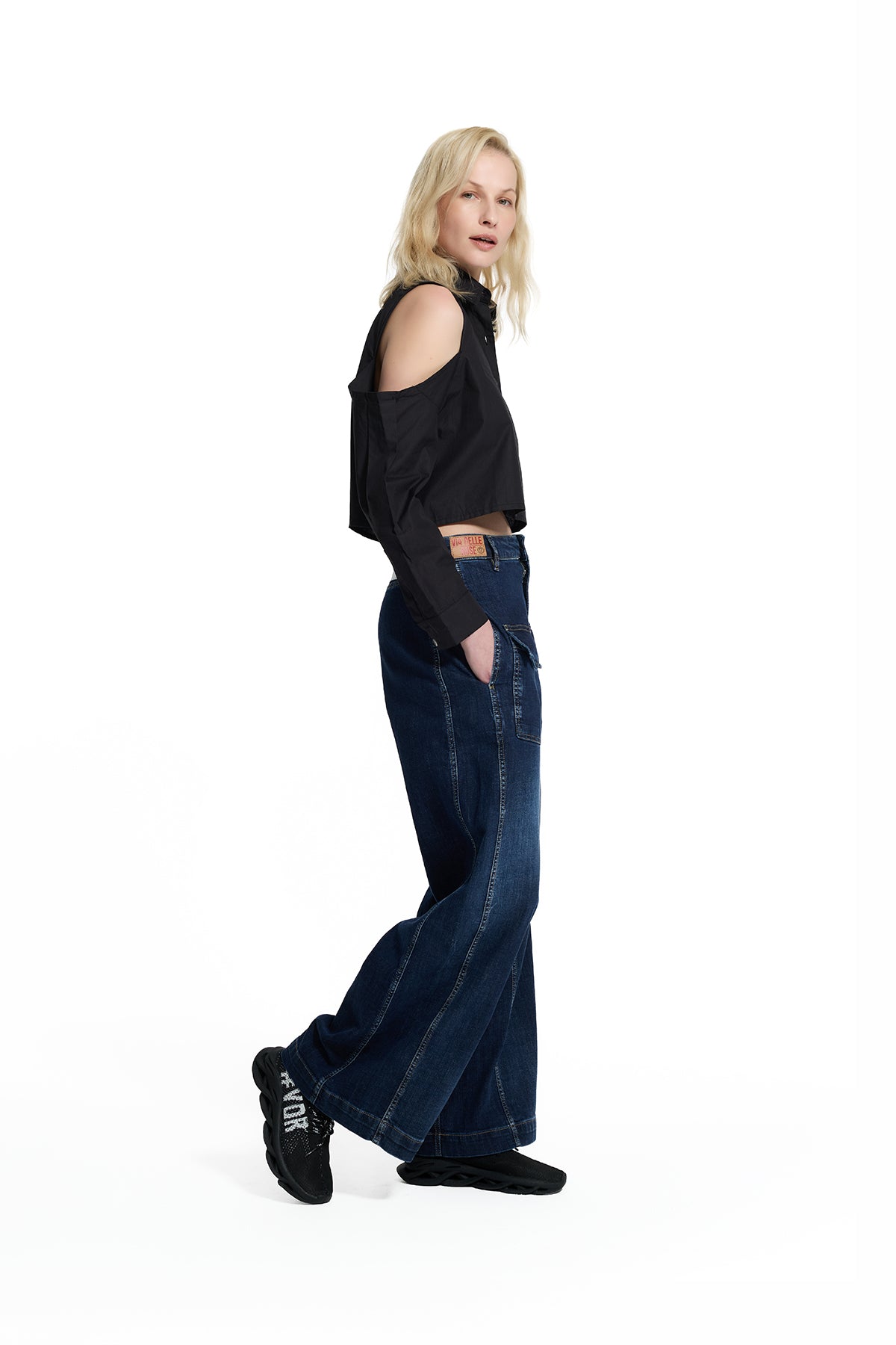 Blue Pocket Detail Flared Denim Trousers 19005