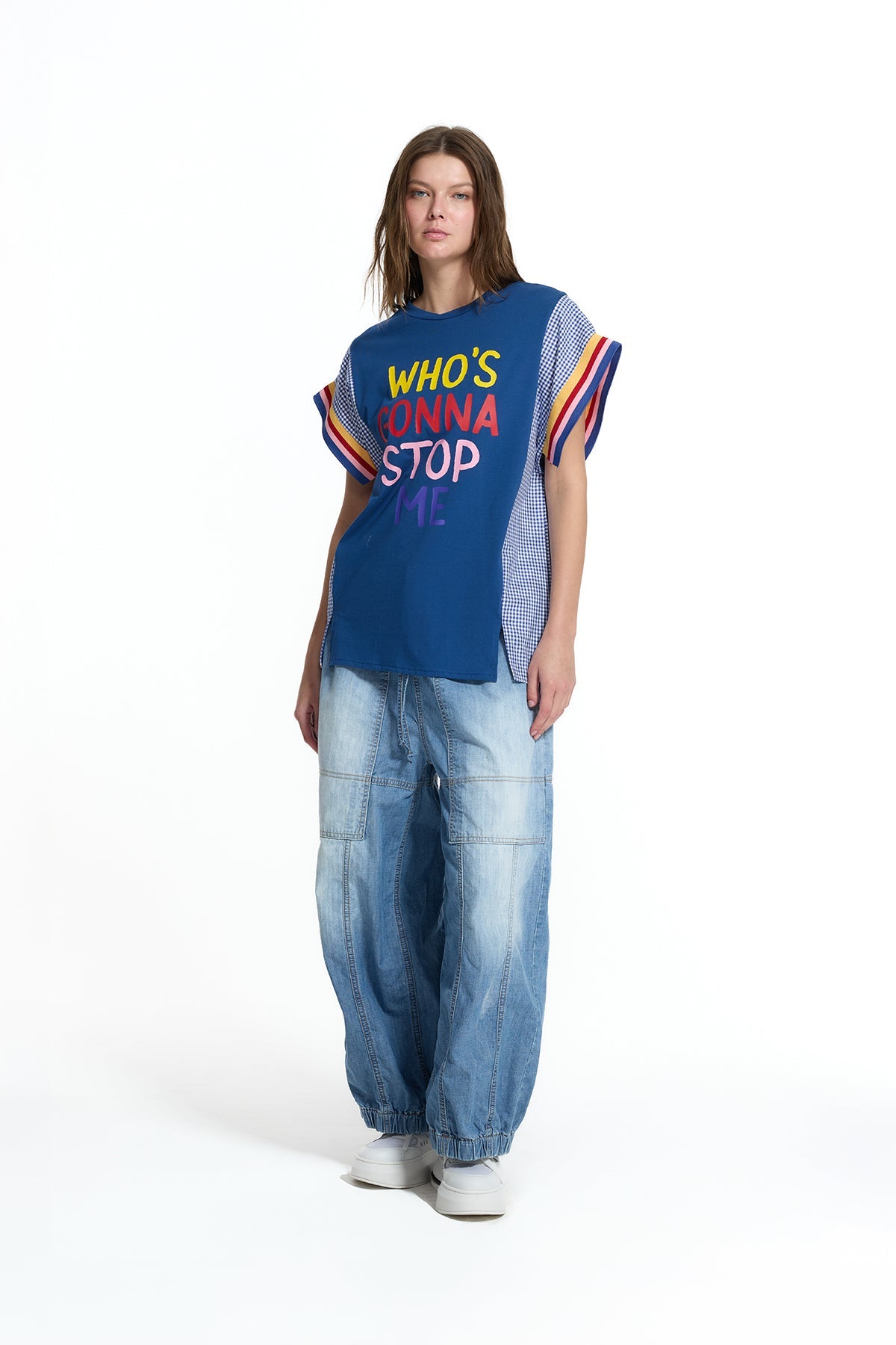 Blue Front Slogan Print Contrast Detail Vdr Oversize T-shirt 19018