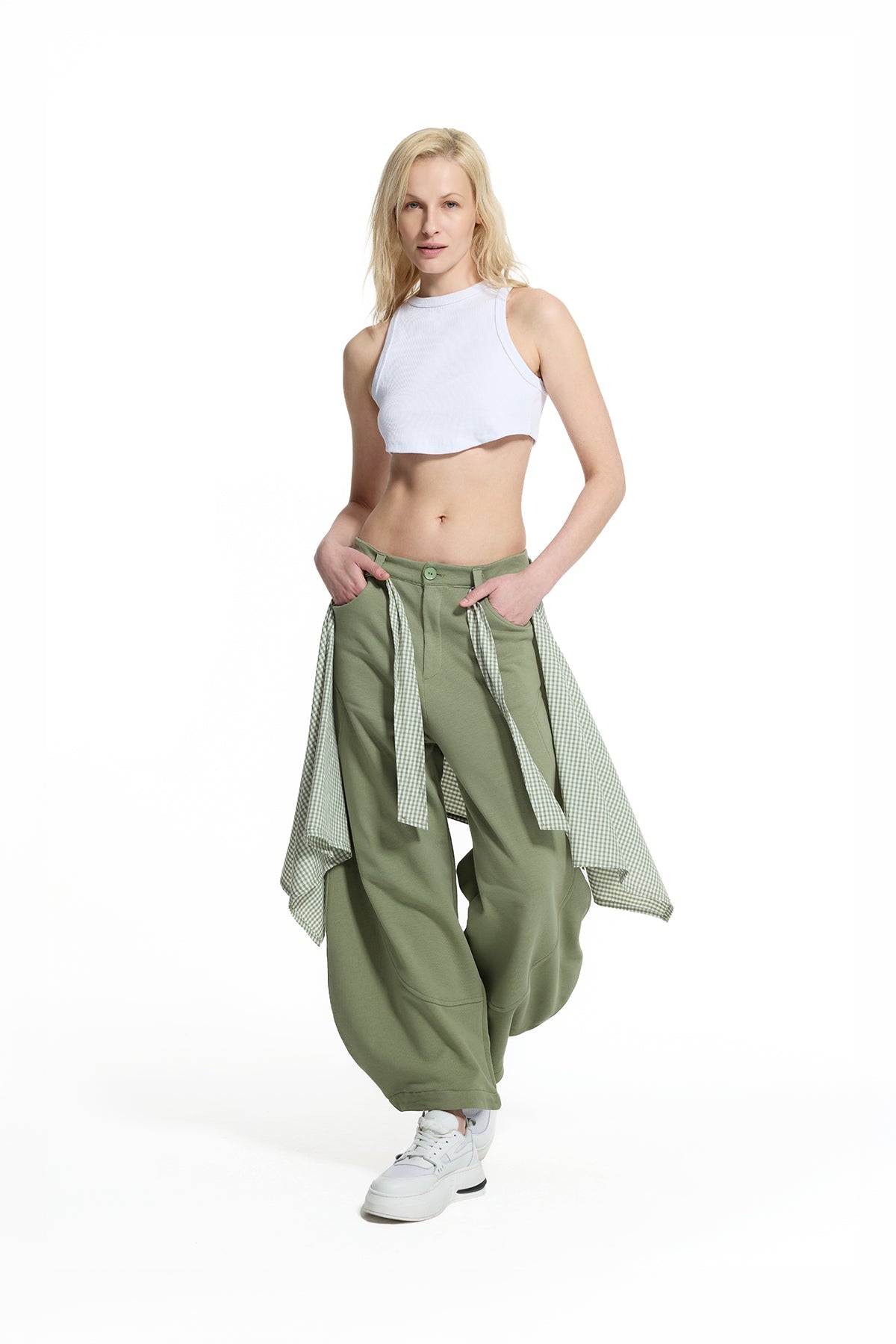 Khaki Belt Detail Contrast Panel Trousers Trousers 19019