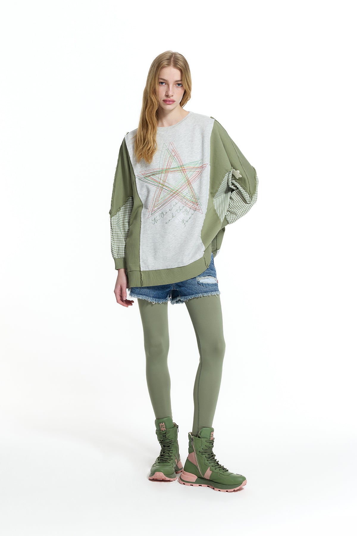 Grey Melange Khaki Contrast Fabric Embroidered Oversize Sweatshirt 19026