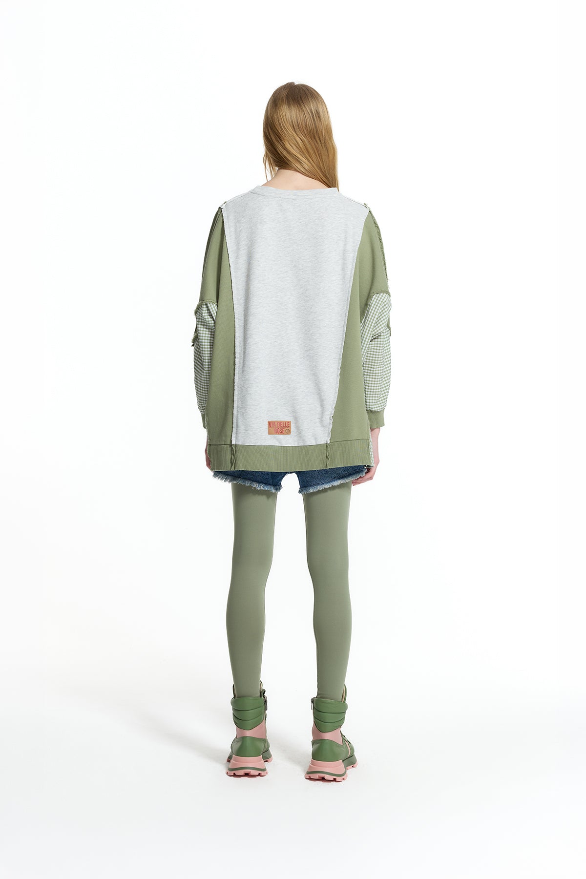 Grey Melange Khaki Contrast Fabric Embroidered Oversize Sweatshirt 19026