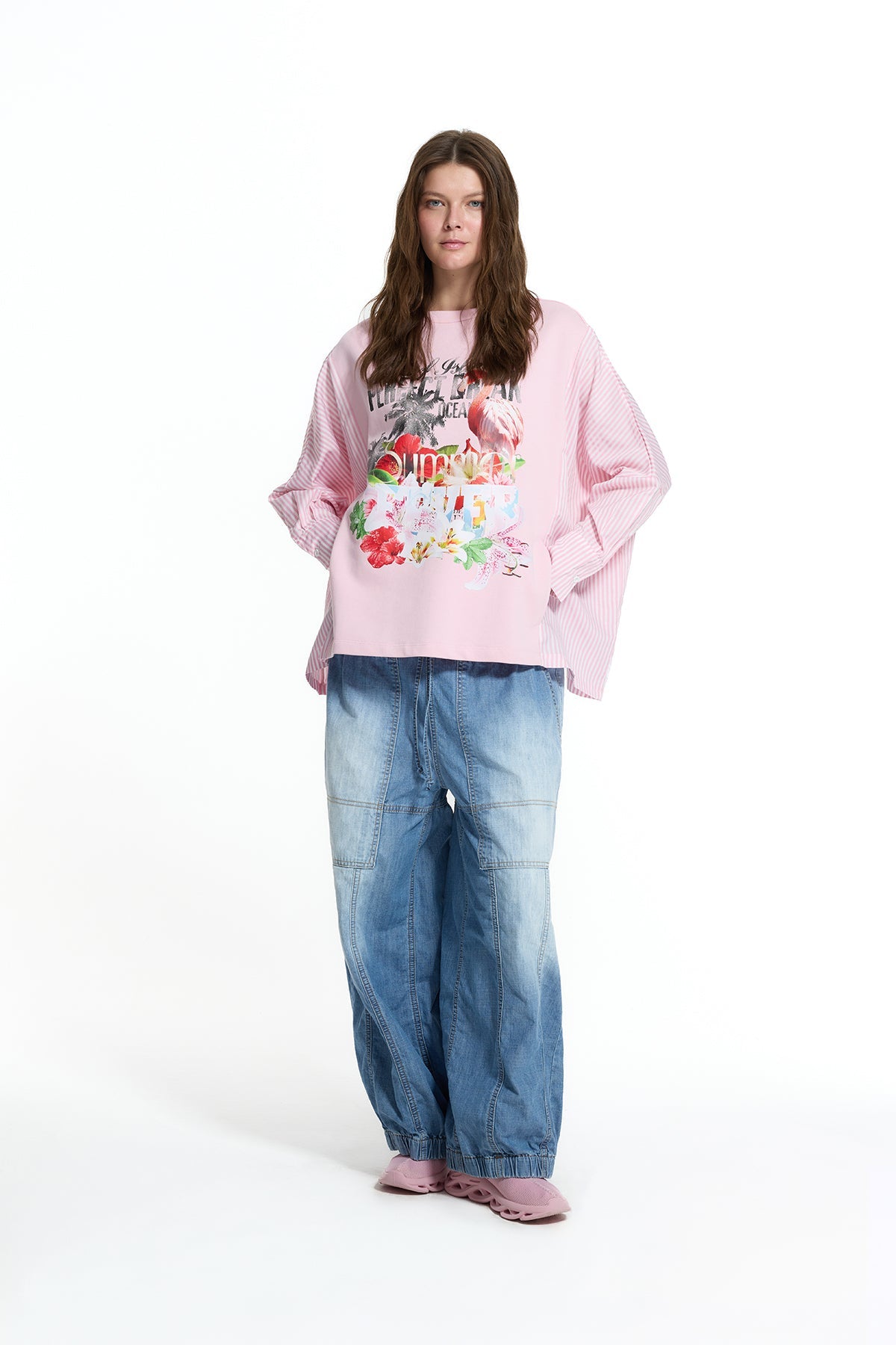 Pink Off White Flamingo Print Striped Sleeve Oversize Sweatshirt 19027