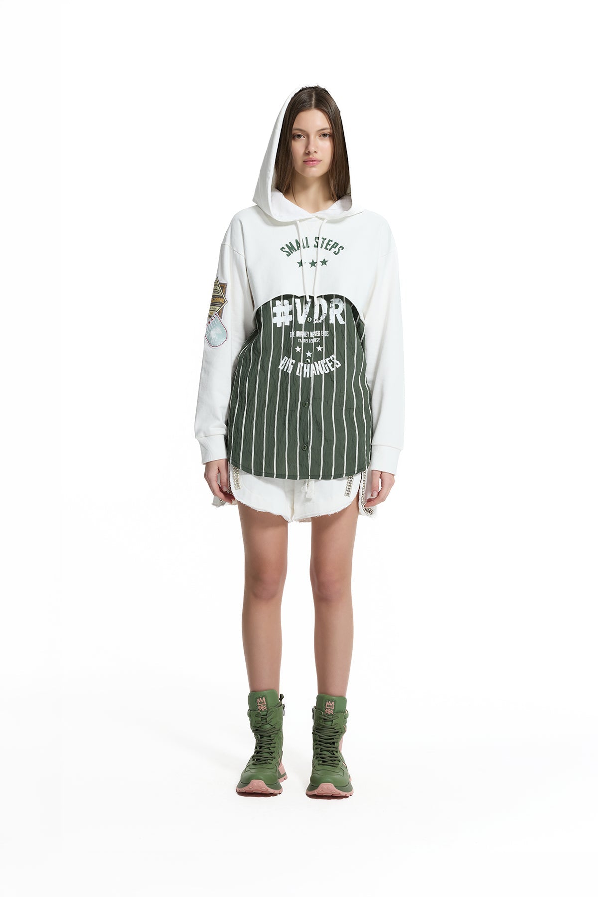 Off White Green Layered Hooded Striped Panel Detail Oversize Tunic Sweatshirt 19028