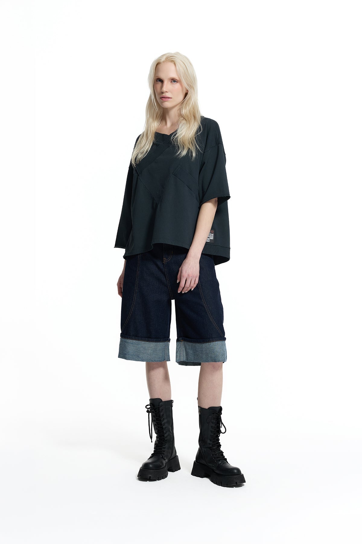 Black Wrap Neck Embossed Logo Detail Oversize Sweatshirt 19036