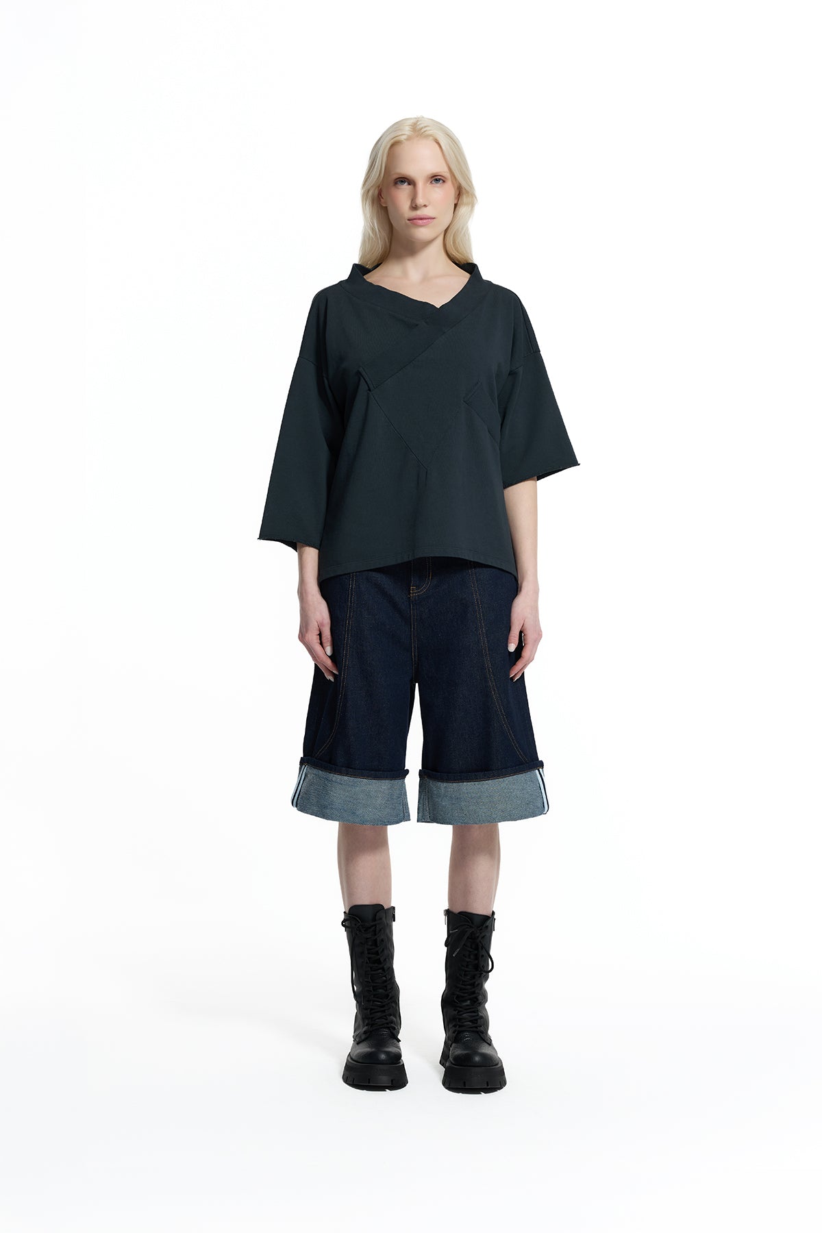 Black Wrap Neck Embossed Logo Detail Oversize Sweatshirt 19036