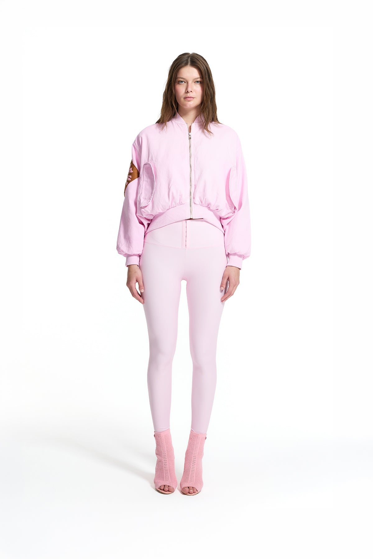 Pink Cropped Zip Ribbed Pocket Detail Bomber Jacket 19050