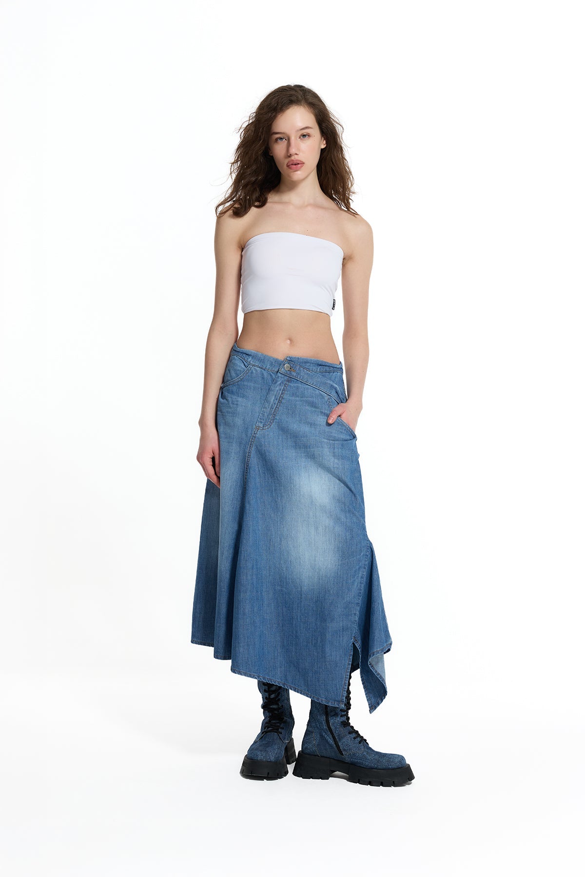 Blue Asymmetric Slit Detail Long Denim Skirt 19052