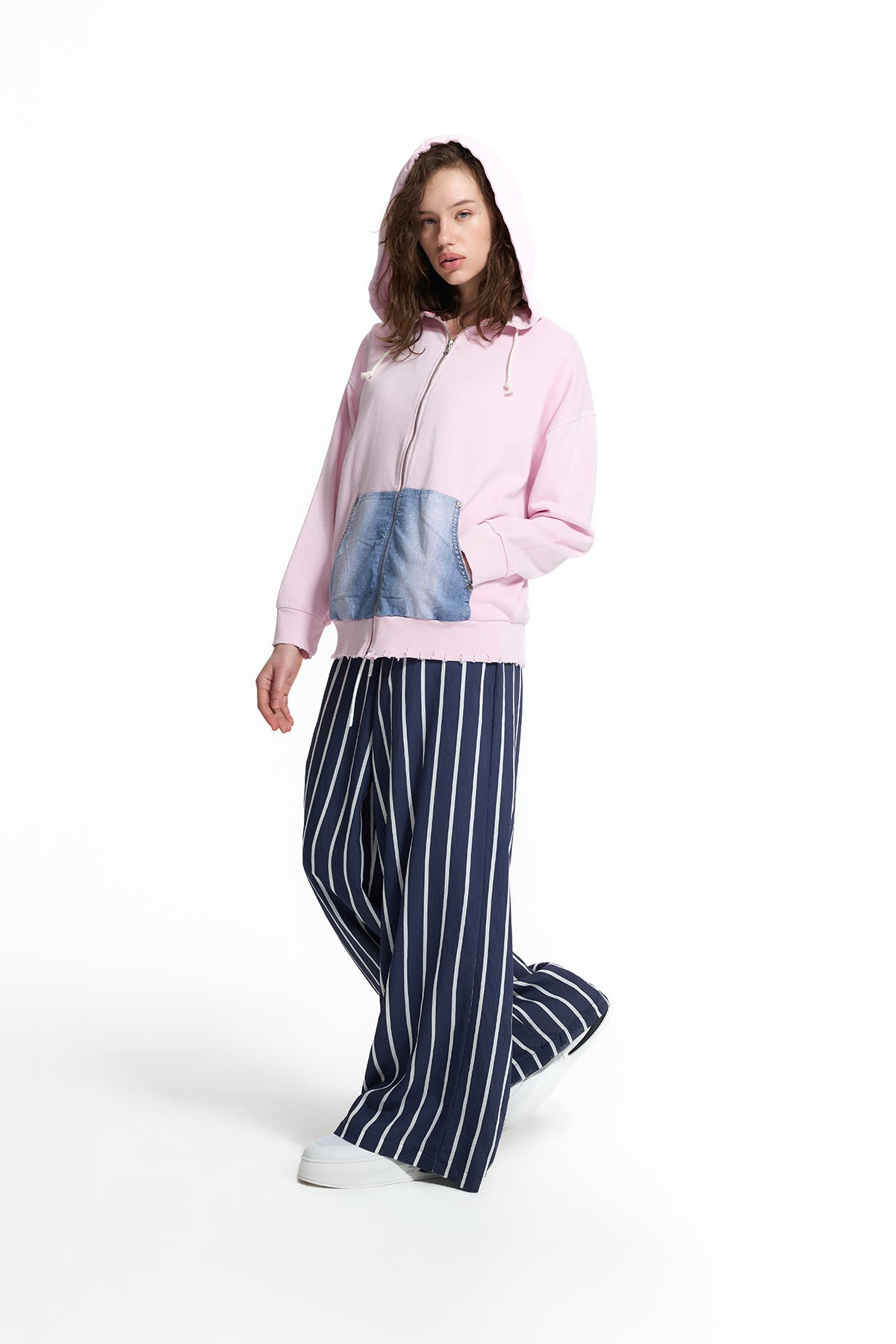 Pink Blue Denim Pocket Detail Hooded Oversize Sweatshirt 19092