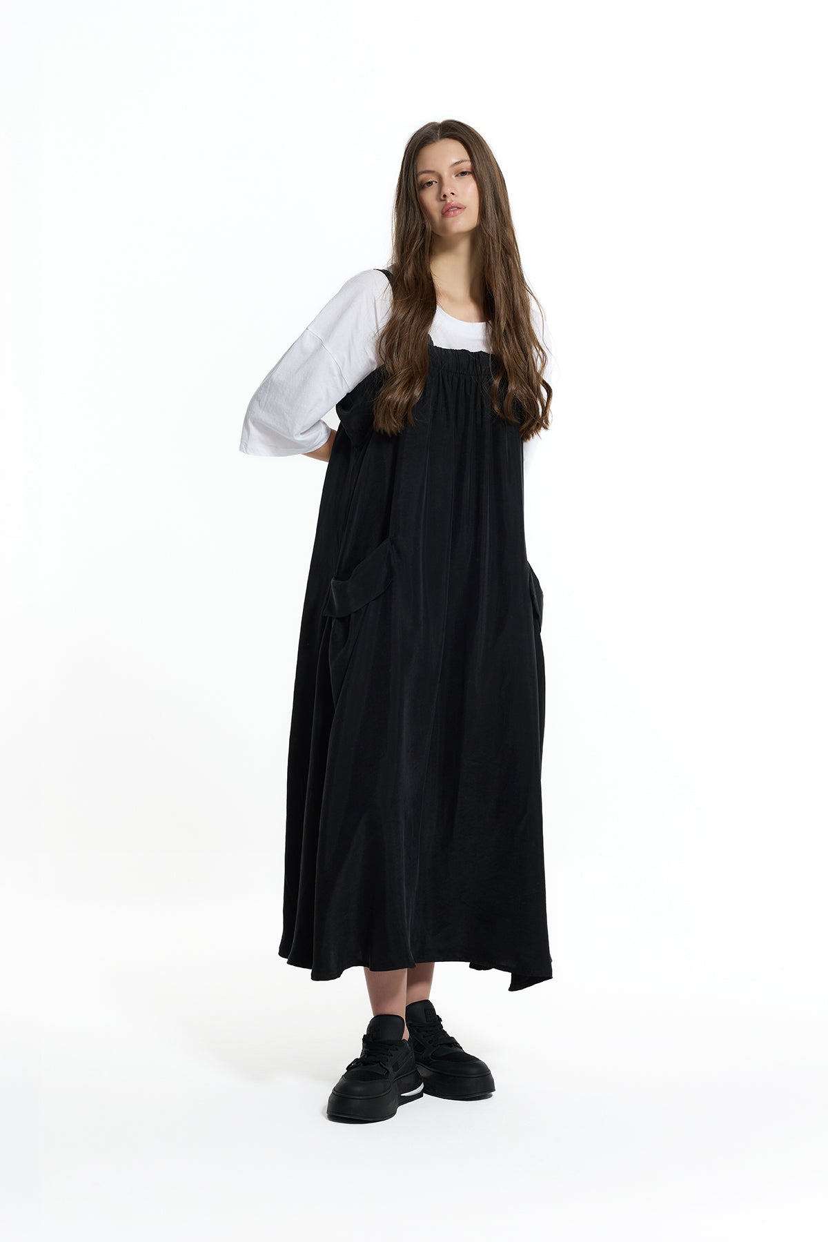 Black Elastic Bust Cargo Dress 19139